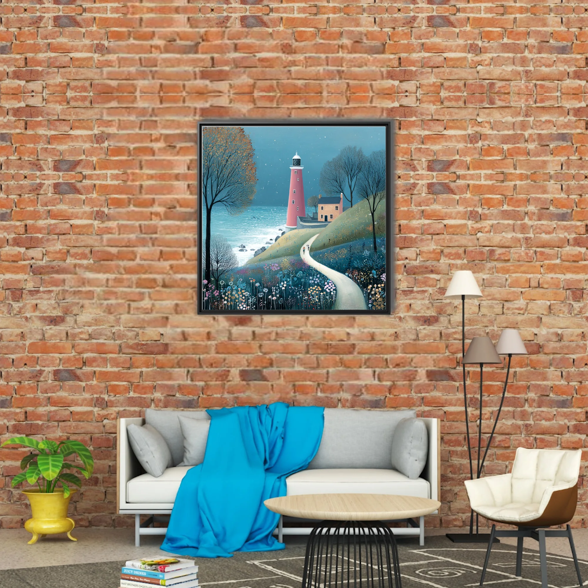 Folk-style lighthouse coastal scene with wildflowers, teal sky, and winding path