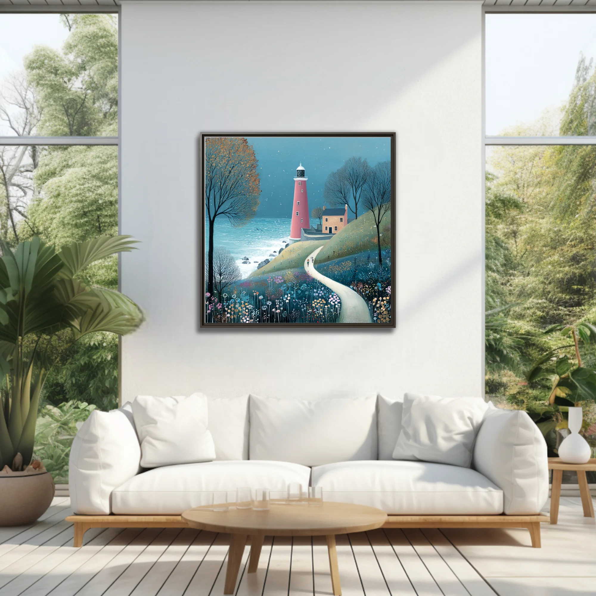 Folk-style lighthouse coastal scene with wildflowers, teal sky, and winding path