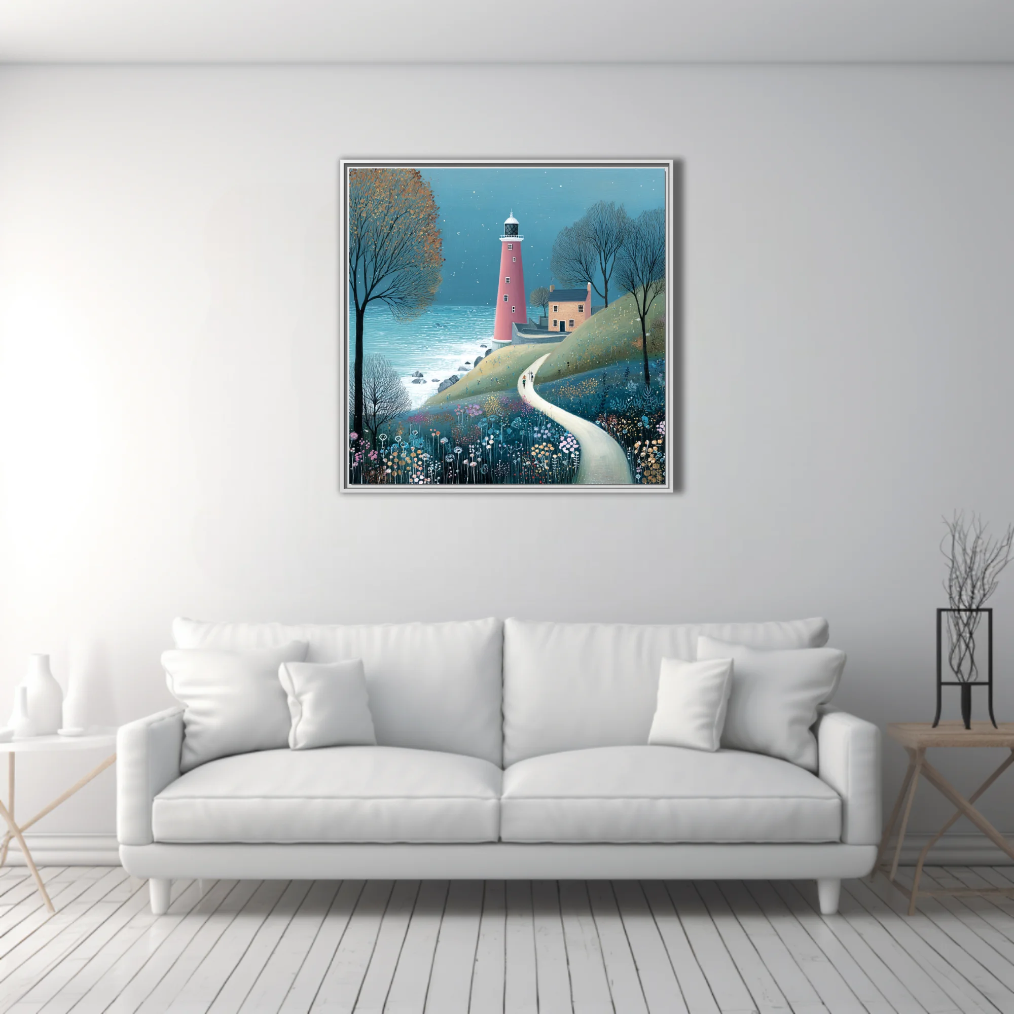Folk-style lighthouse coastal scene with wildflowers, teal sky, and winding path