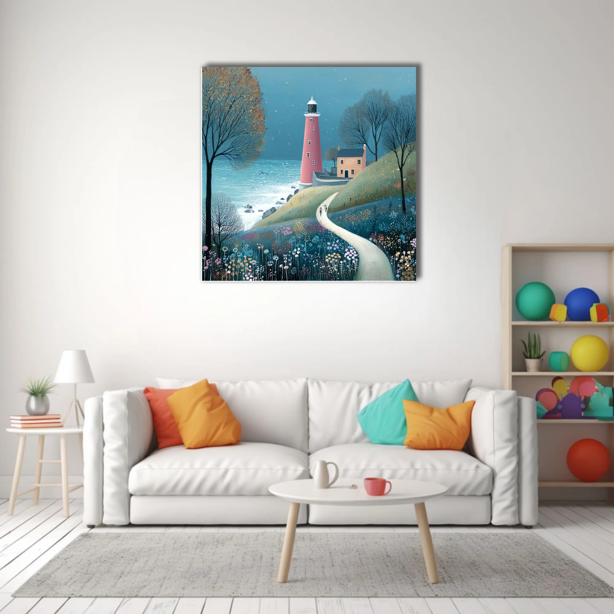 Folk-style lighthouse coastal scene with wildflowers, teal sky, and winding path