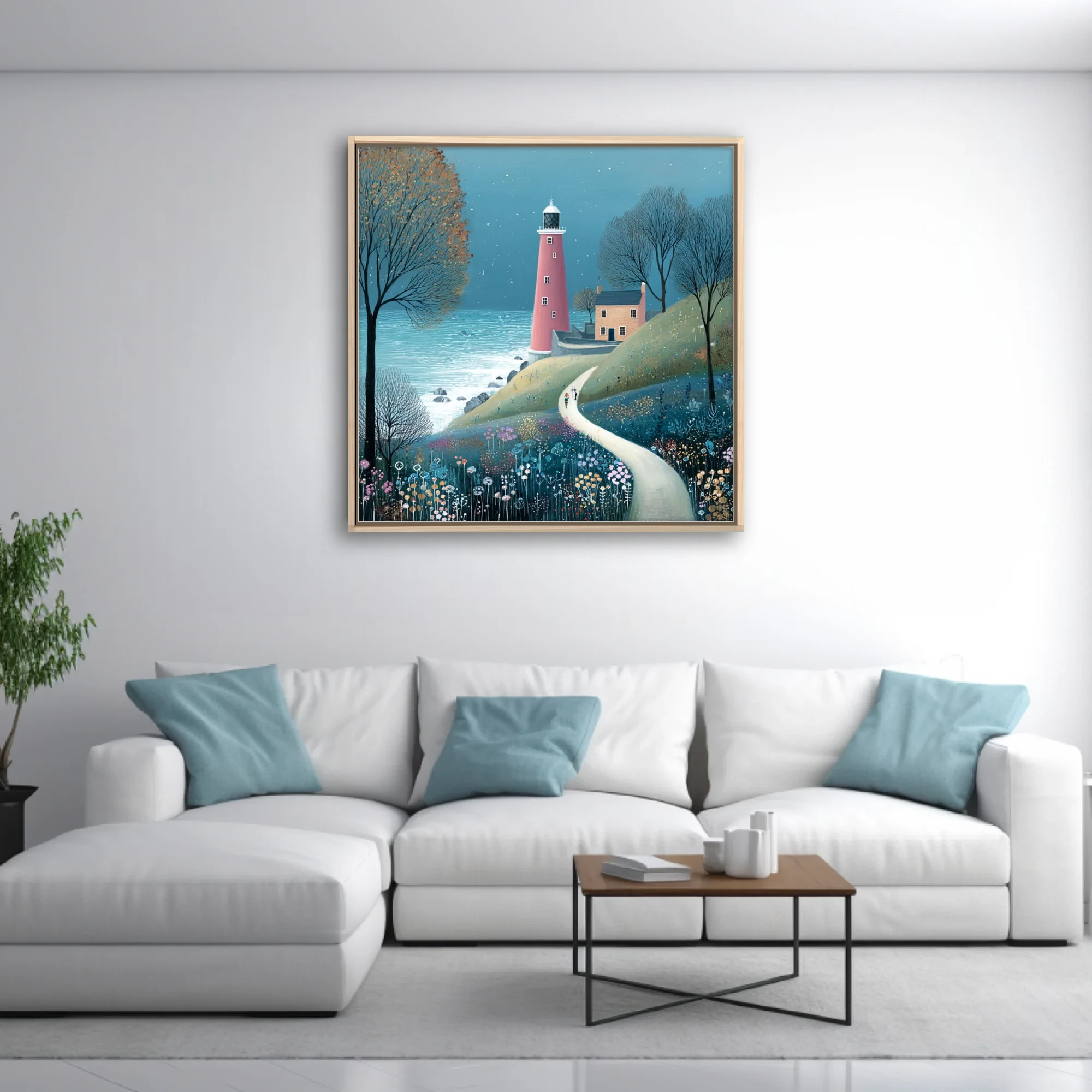 Folk-style lighthouse coastal scene with wildflowers, teal sky, and winding path