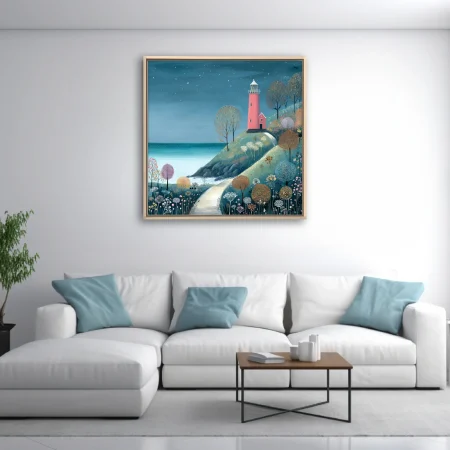 Folk-art style lighthouse on coastal headland, teal sky, coral tower, botanical wildflowers