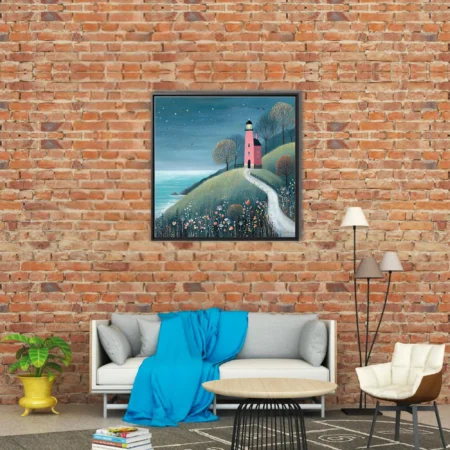Folk-art style pink lighthouse on floral coastal hill, teal starry sky, naive illustration