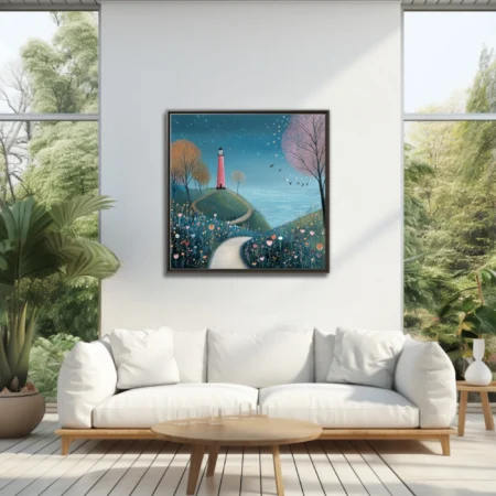 Folk-art style lighthouse coastal scene with wildflowers, winding path, teal sky