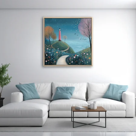 Folk-art style lighthouse coastal scene with wildflowers, winding path, teal sky