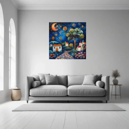 Folk-art village night scene with crescent moon, cottages, and colorful florals