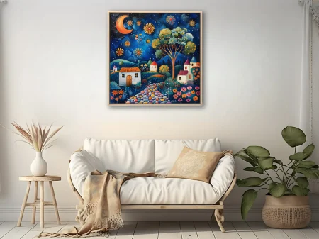 Folk-art village night scene with crescent moon, cottages, and colorful florals