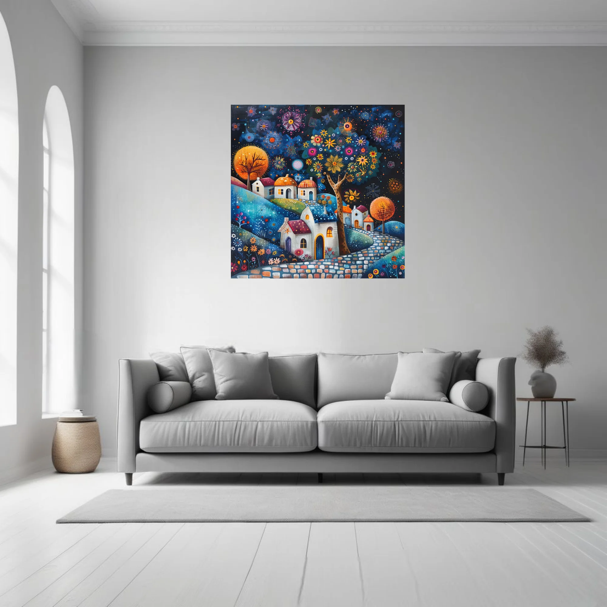 Folk-art village night scene with colorful flowers, glowing trees, and whimsical cottages