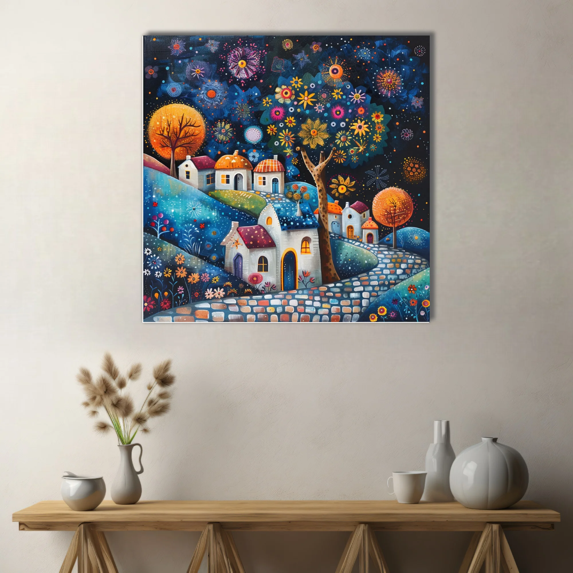 Folk-art village night scene with colorful flowers, glowing trees, and whimsical cottages