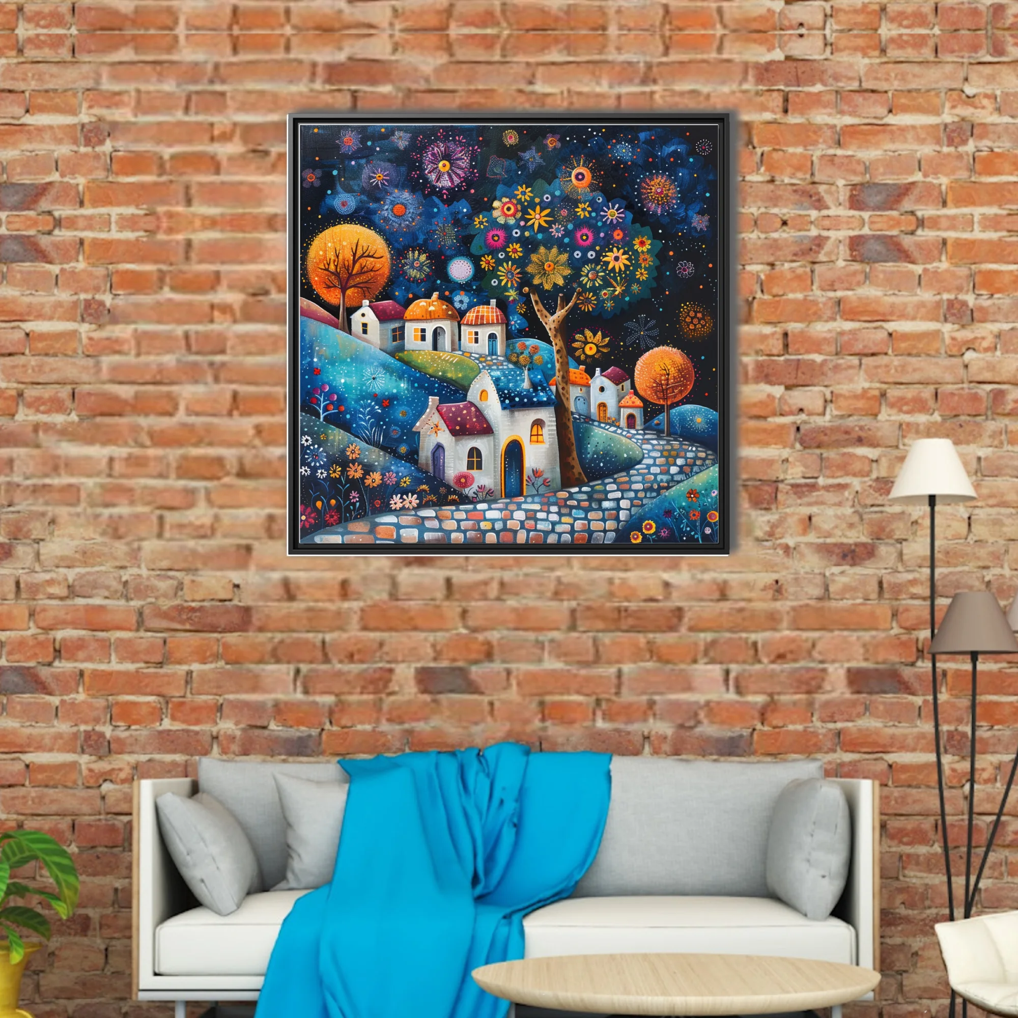 Folk-art village night scene with colorful flowers, glowing trees, and whimsical cottages