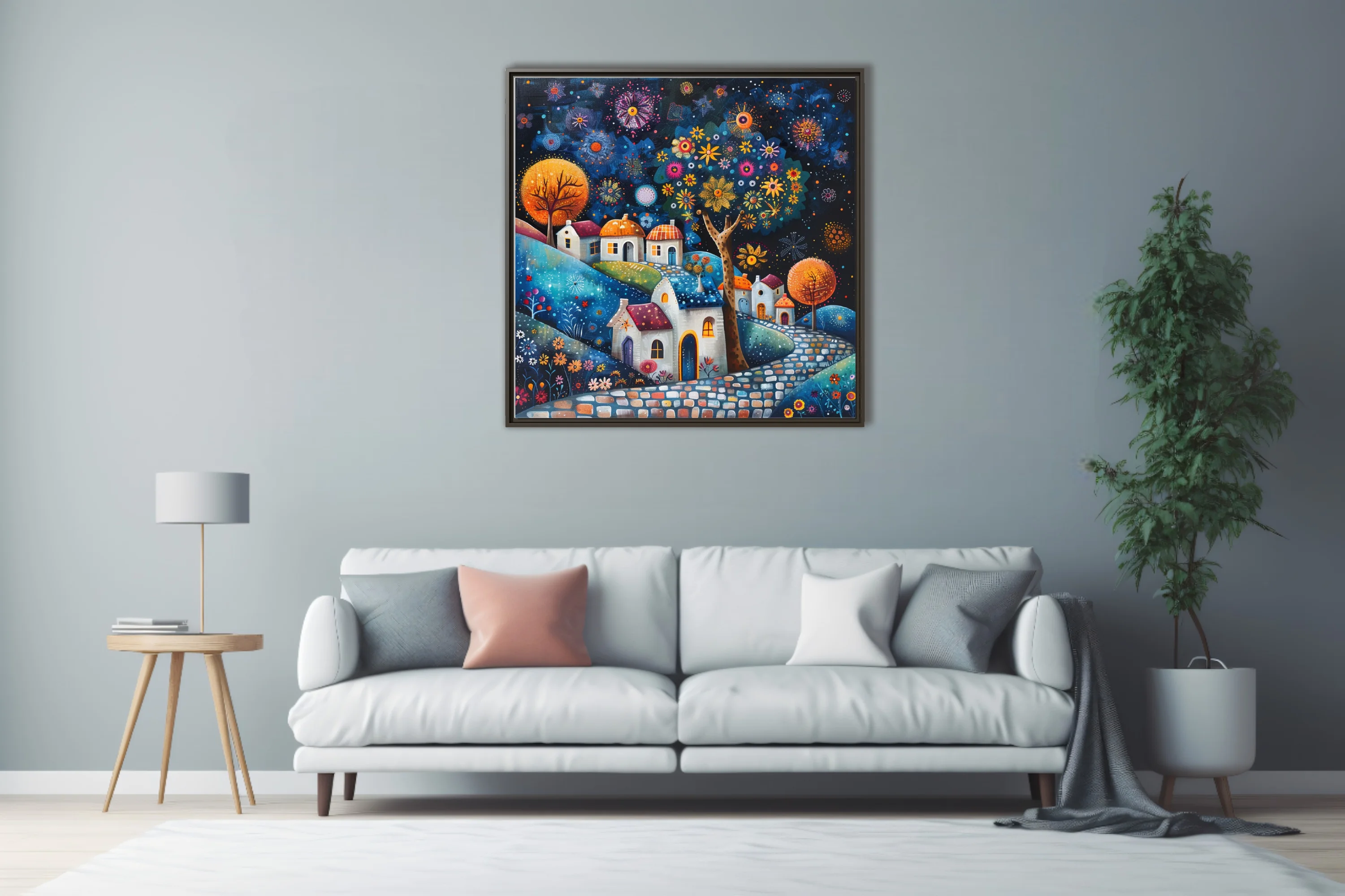 Folk-art village night scene with colorful flowers, glowing trees, and whimsical cottages