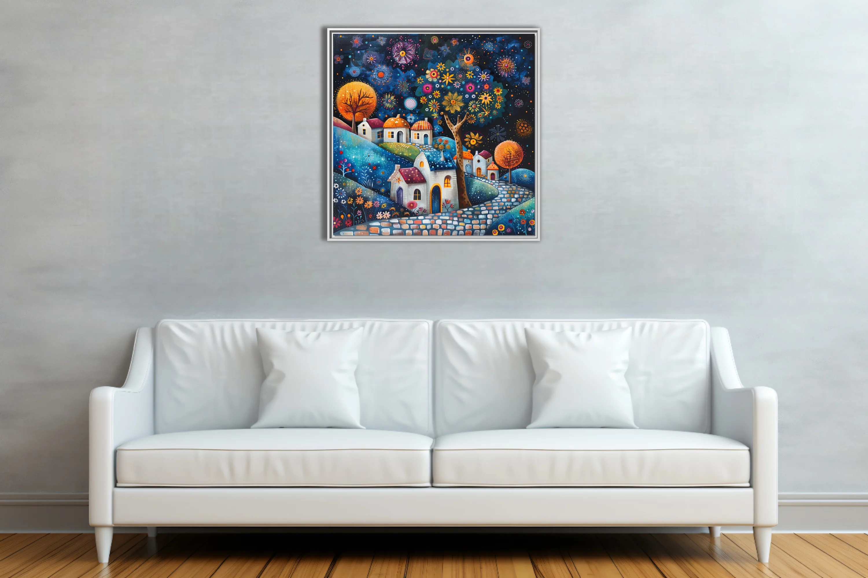 Folk-art village night scene with colorful flowers, glowing trees, and whimsical cottages