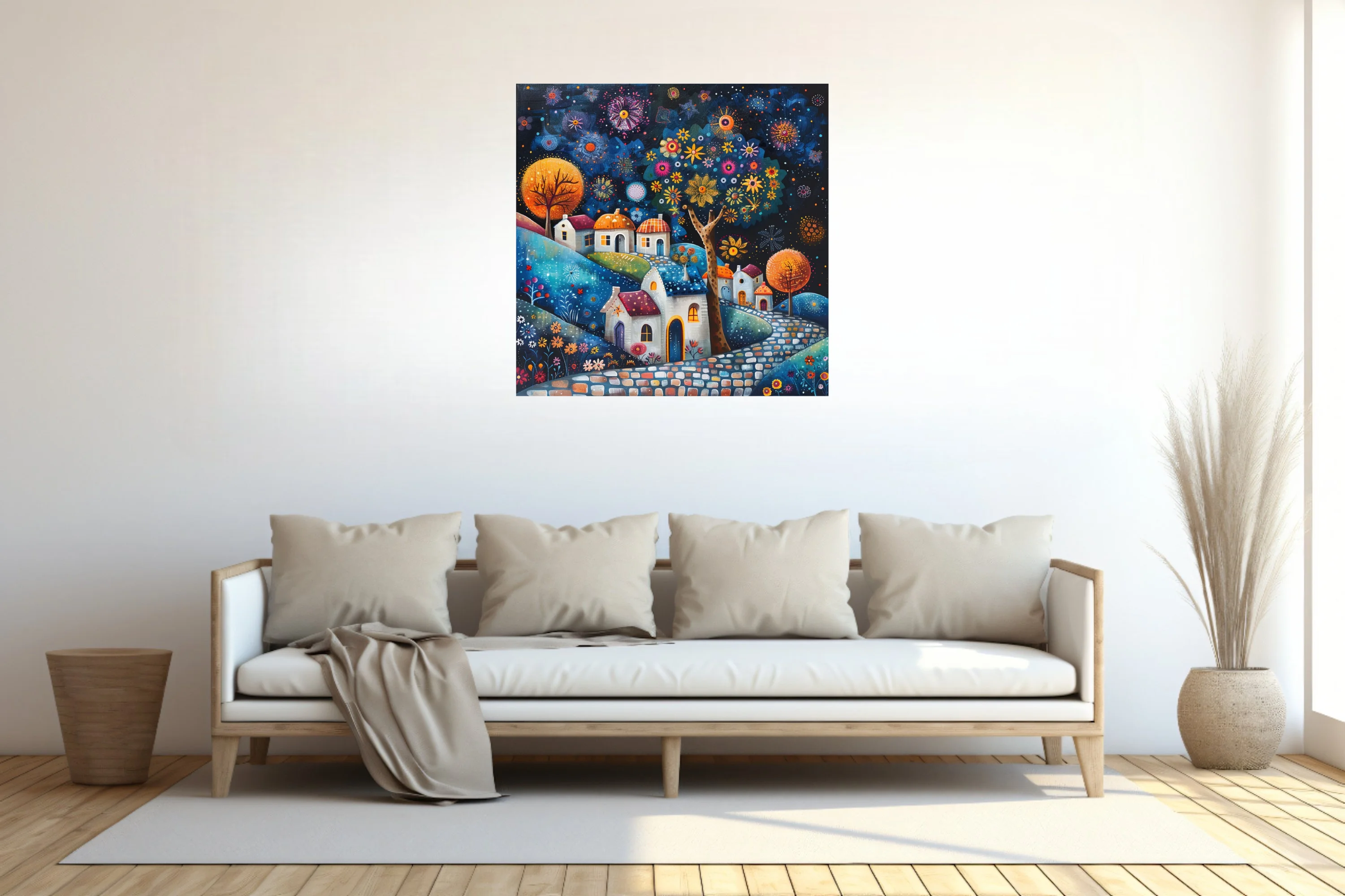 Folk-art village night scene with colorful flowers, glowing trees, and whimsical cottages