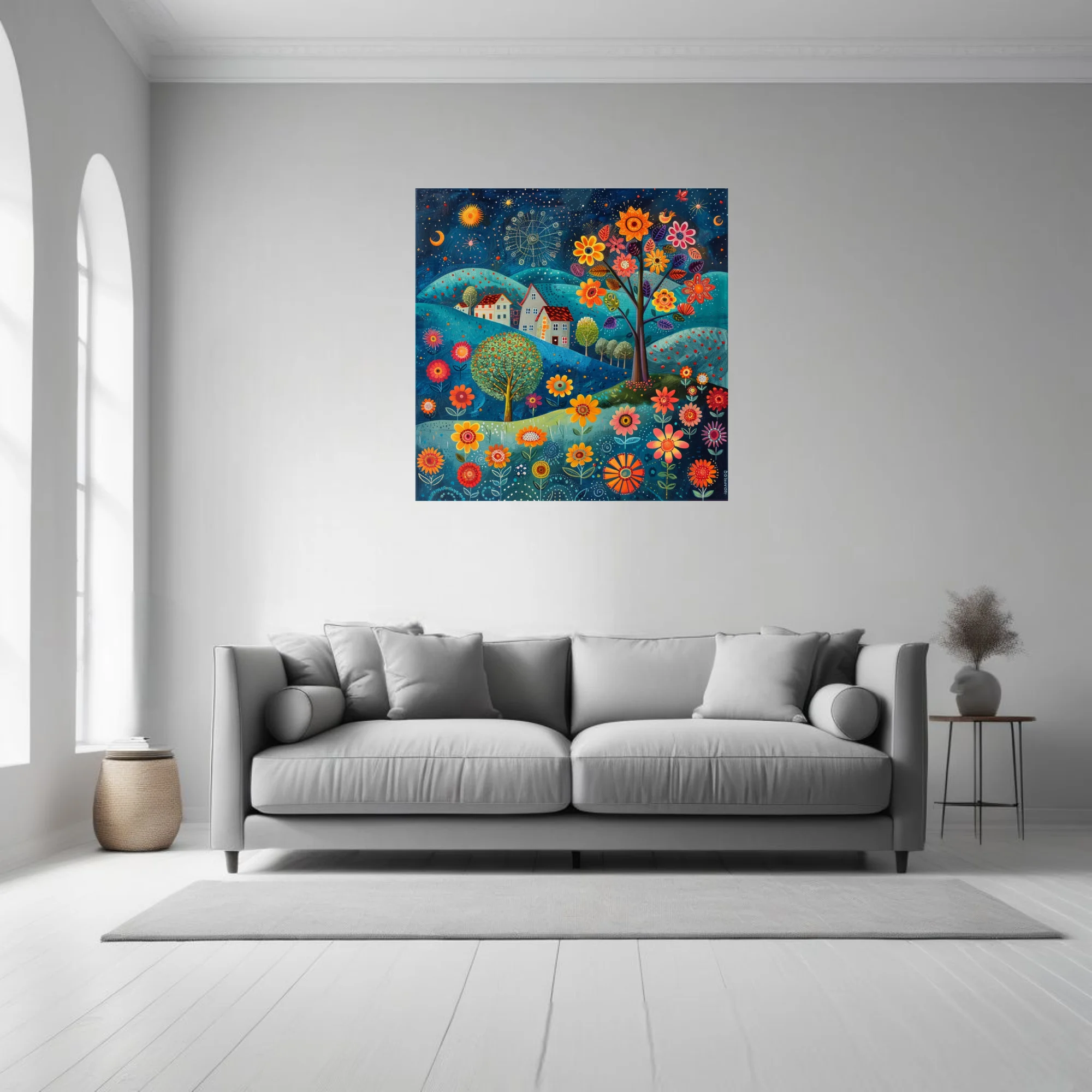 Folk art fantasy landscape with oversized flowers, cottages, and starry night sky