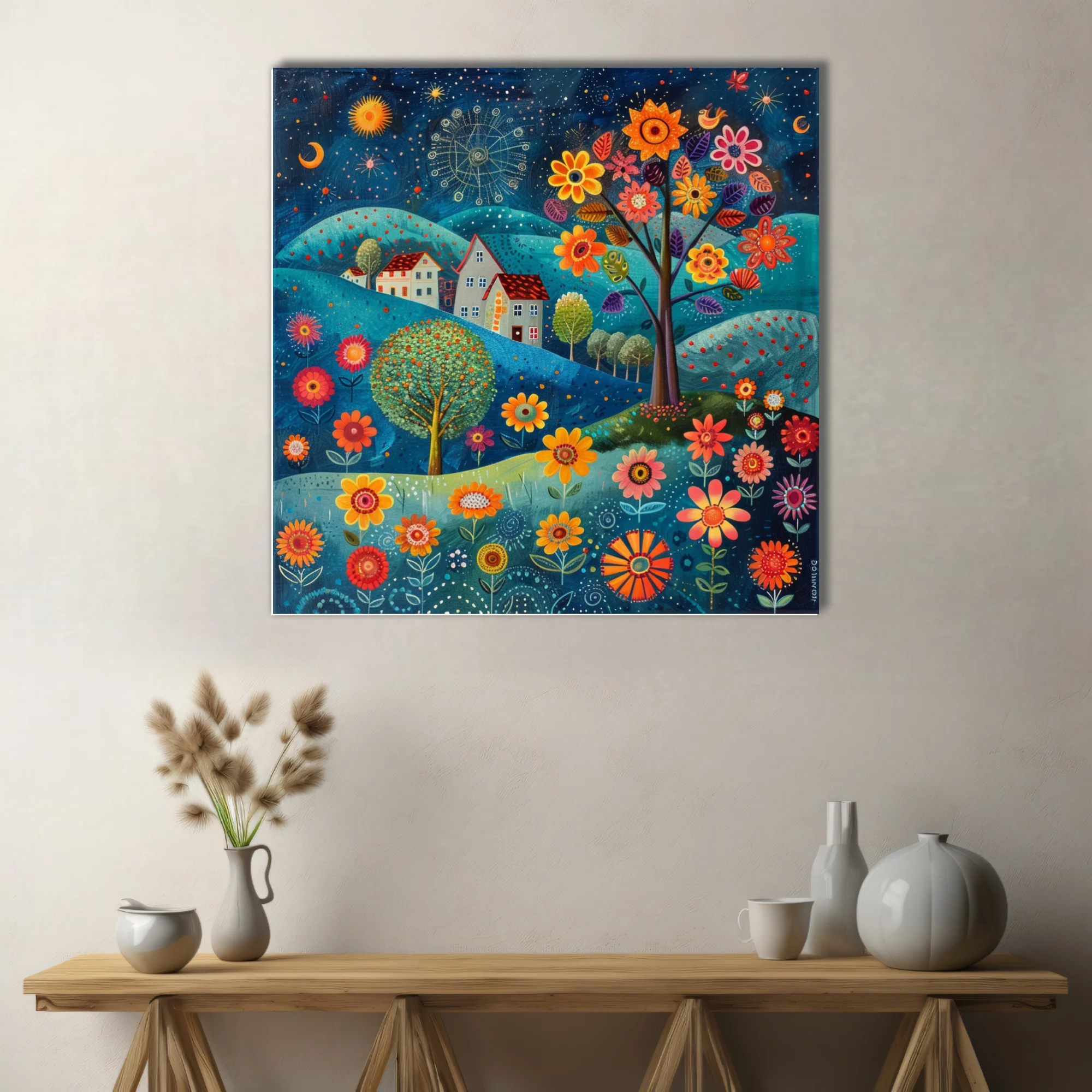 Folk art fantasy landscape with oversized flowers, cottages, and starry night sky