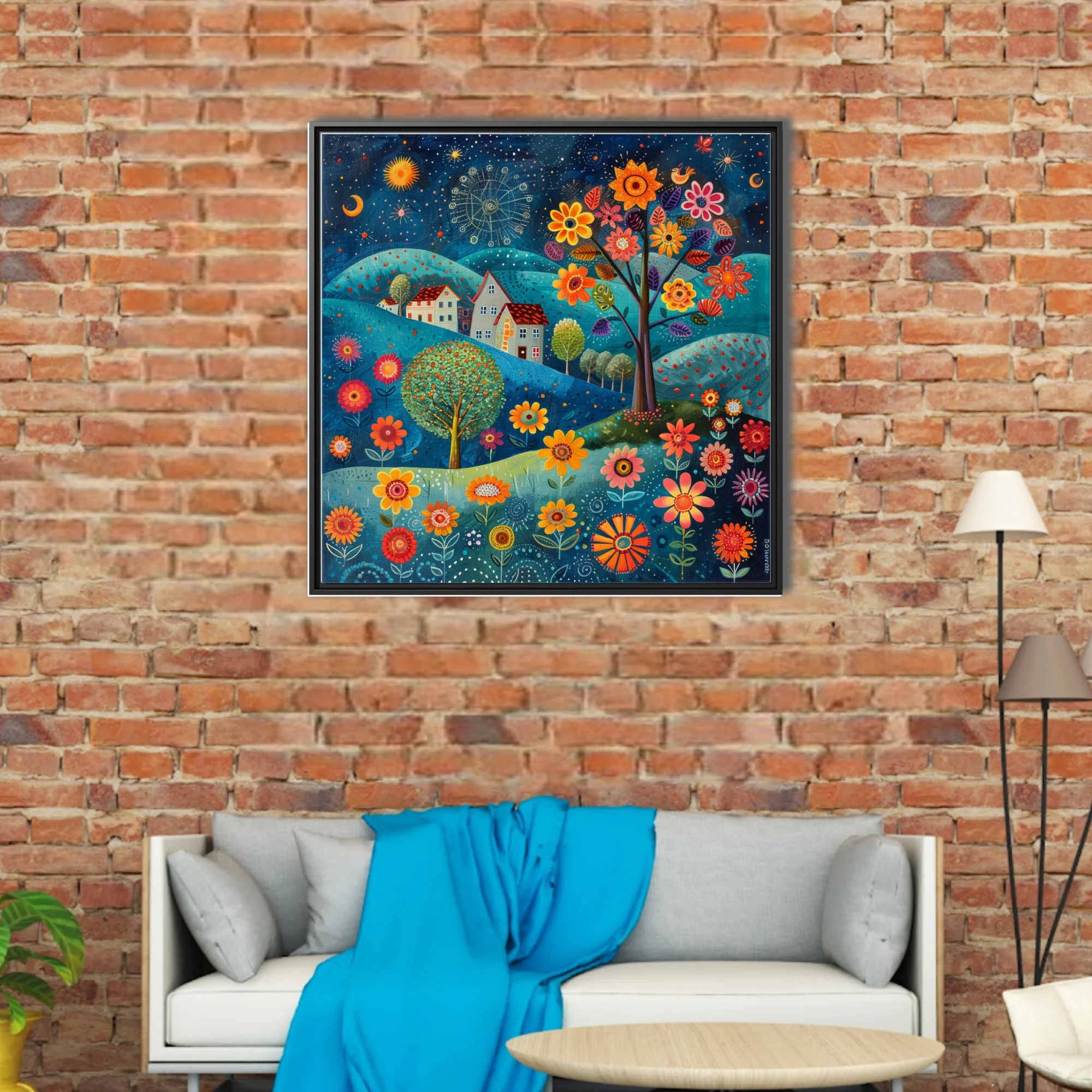 Folk art fantasy landscape with oversized flowers, cottages, and starry night sky