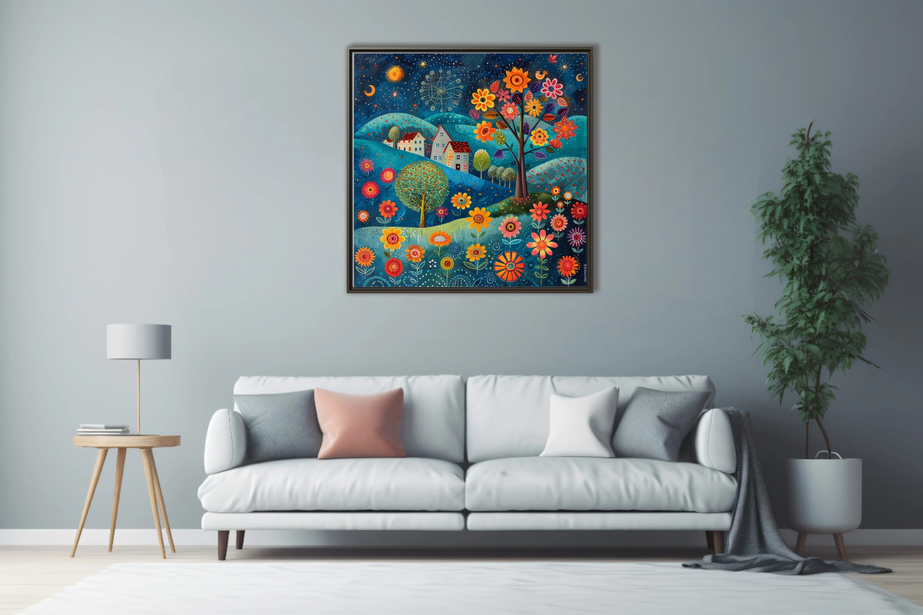 Folk art fantasy landscape with oversized flowers, cottages, and starry night sky