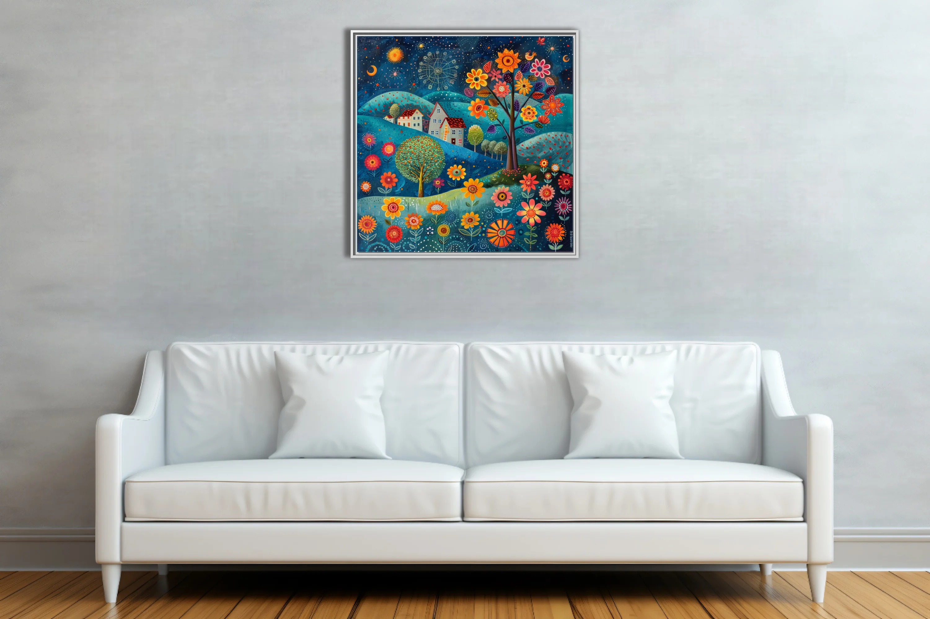 Folk art fantasy landscape with oversized flowers, cottages, and starry night sky