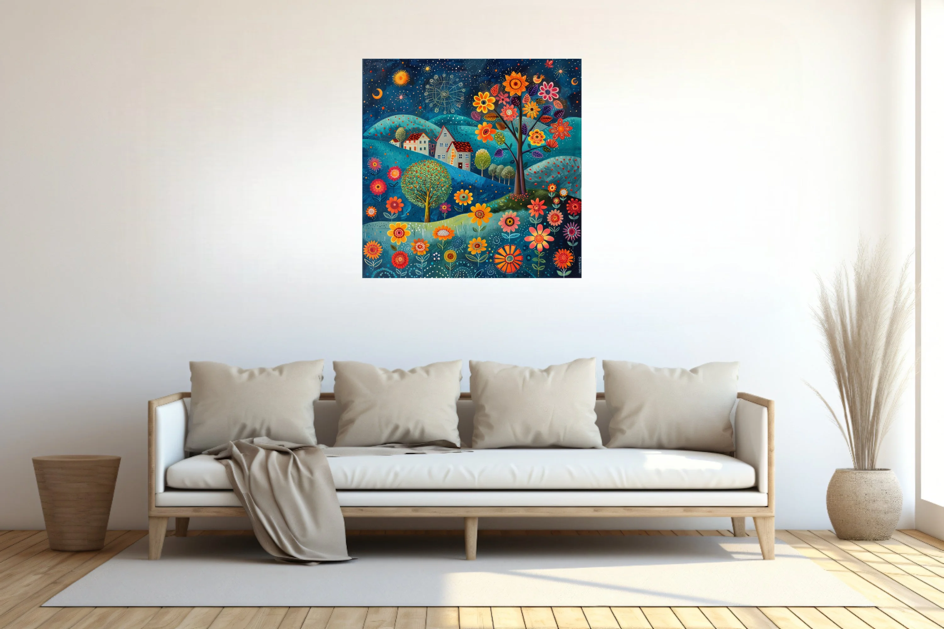 Folk art fantasy landscape with oversized flowers, cottages, and starry night sky