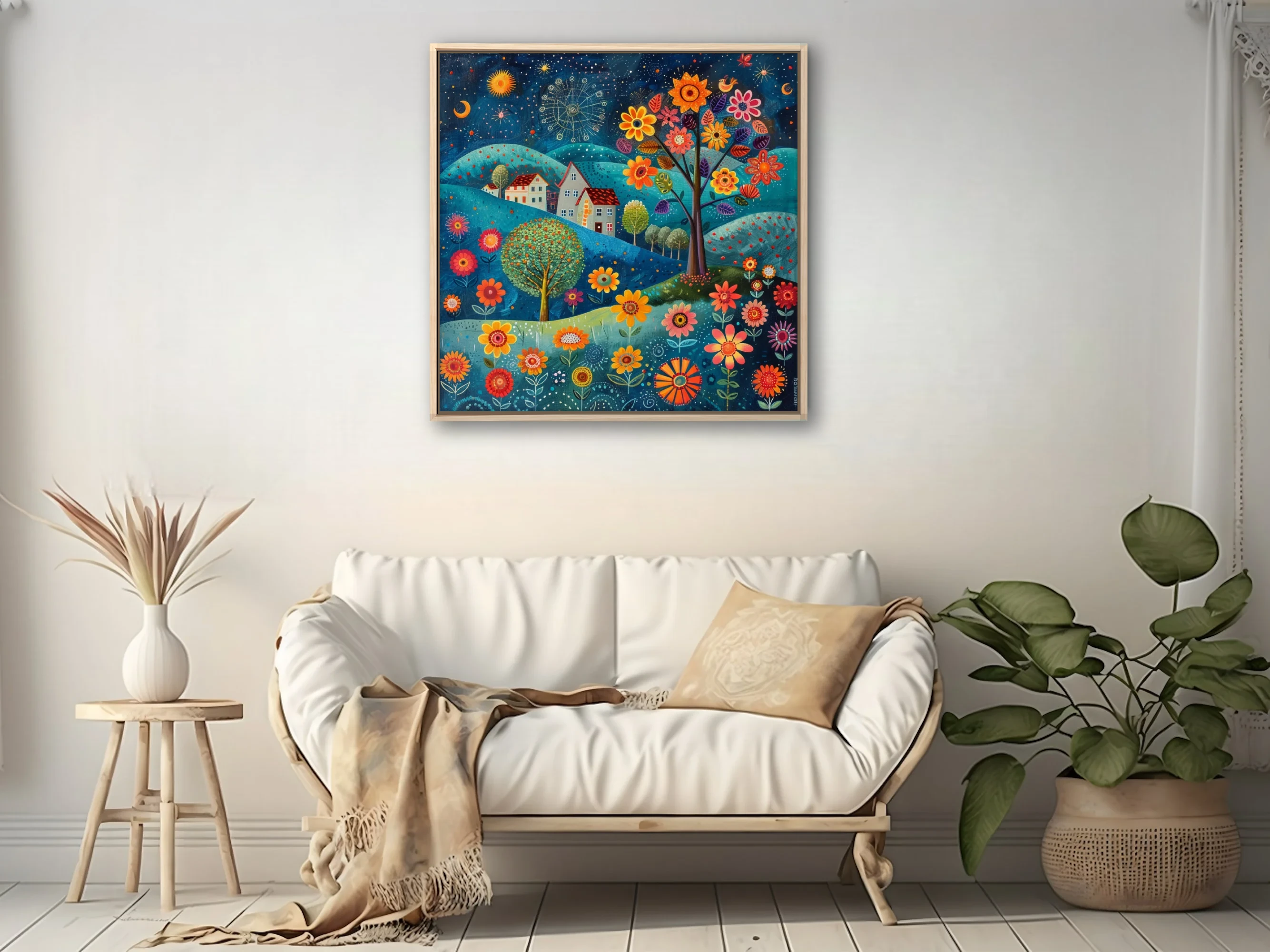Folk art fantasy landscape with oversized flowers, cottages, and starry night sky