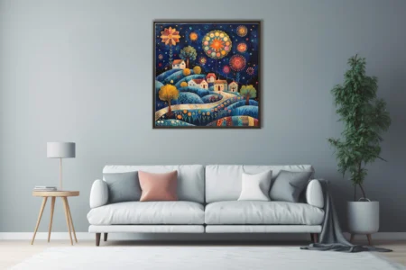 Folk art night village scene with decorative florals, rolling hills, and jewel-toned sky