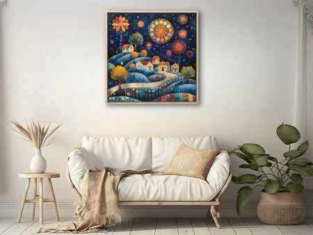 Folk art night village scene with decorative florals, rolling hills, and jewel-toned sky