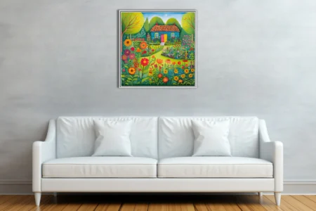 Folk-art style colorful cottage garden with bold flowers and thatched roof