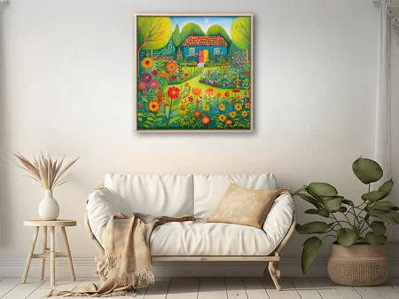 Folk-art style colorful cottage garden with bold flowers and thatched roof