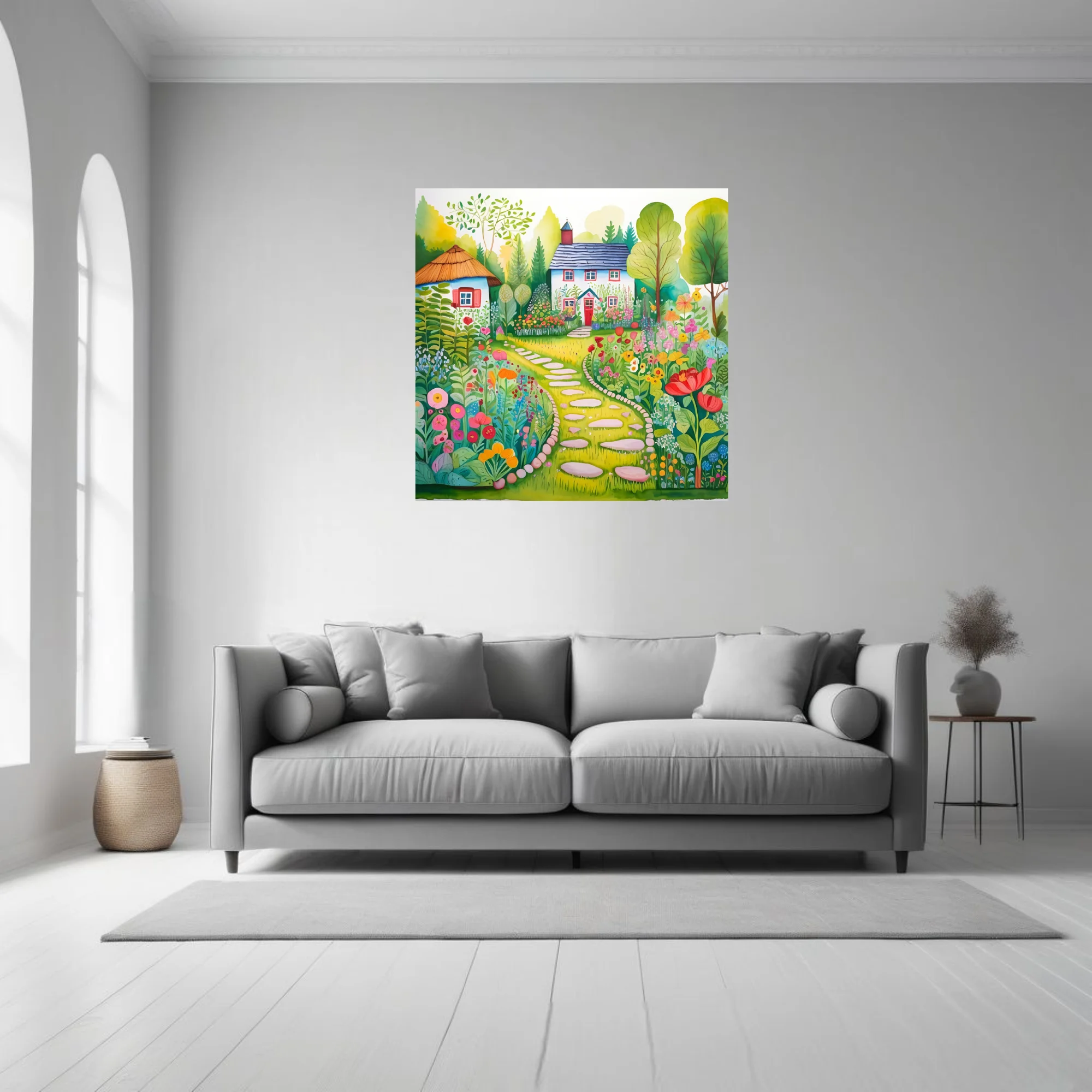 Folk-art garden illustration with cottage, stepping stones, and colorful blooms