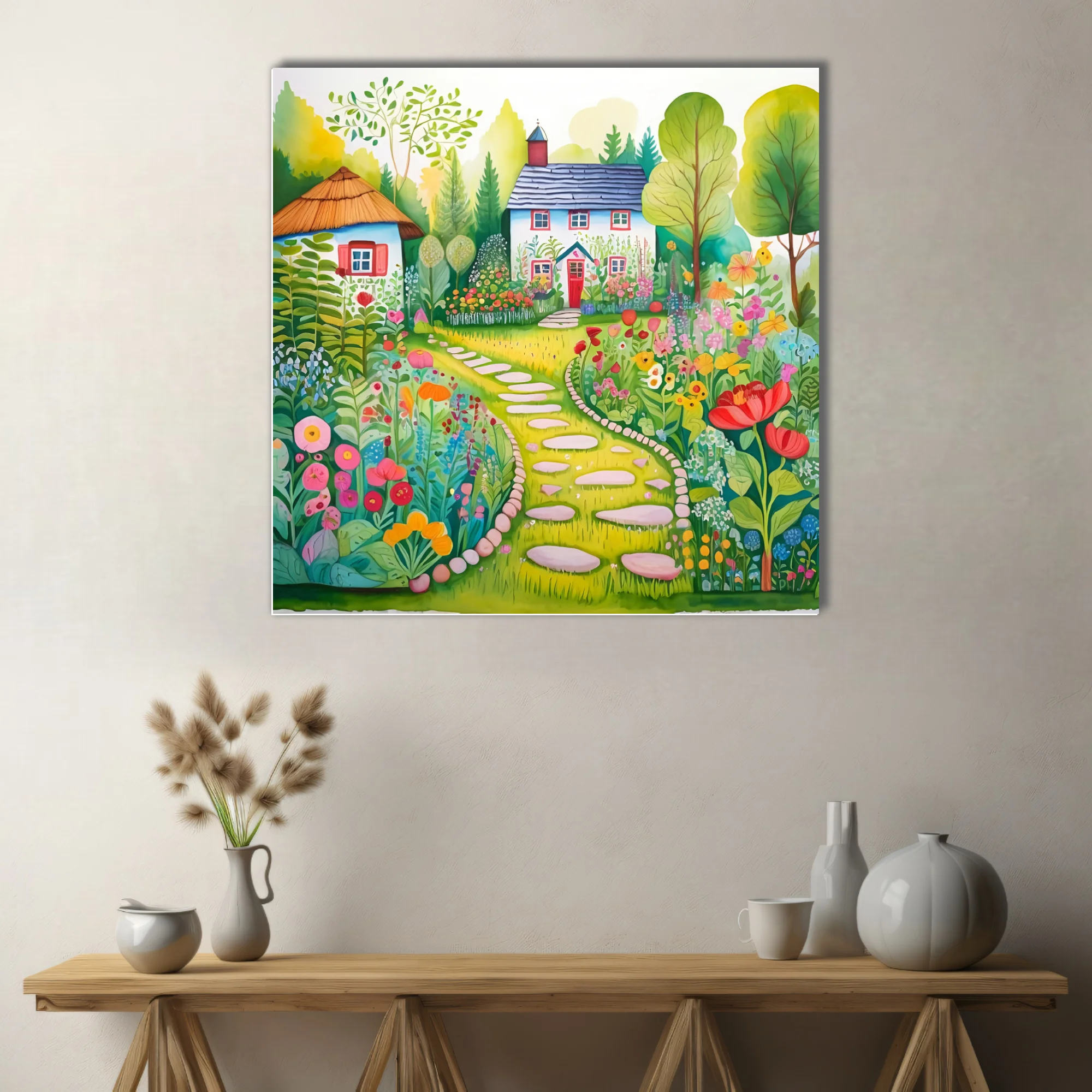 Folk-art garden illustration with cottage, stepping stones, and colorful blooms