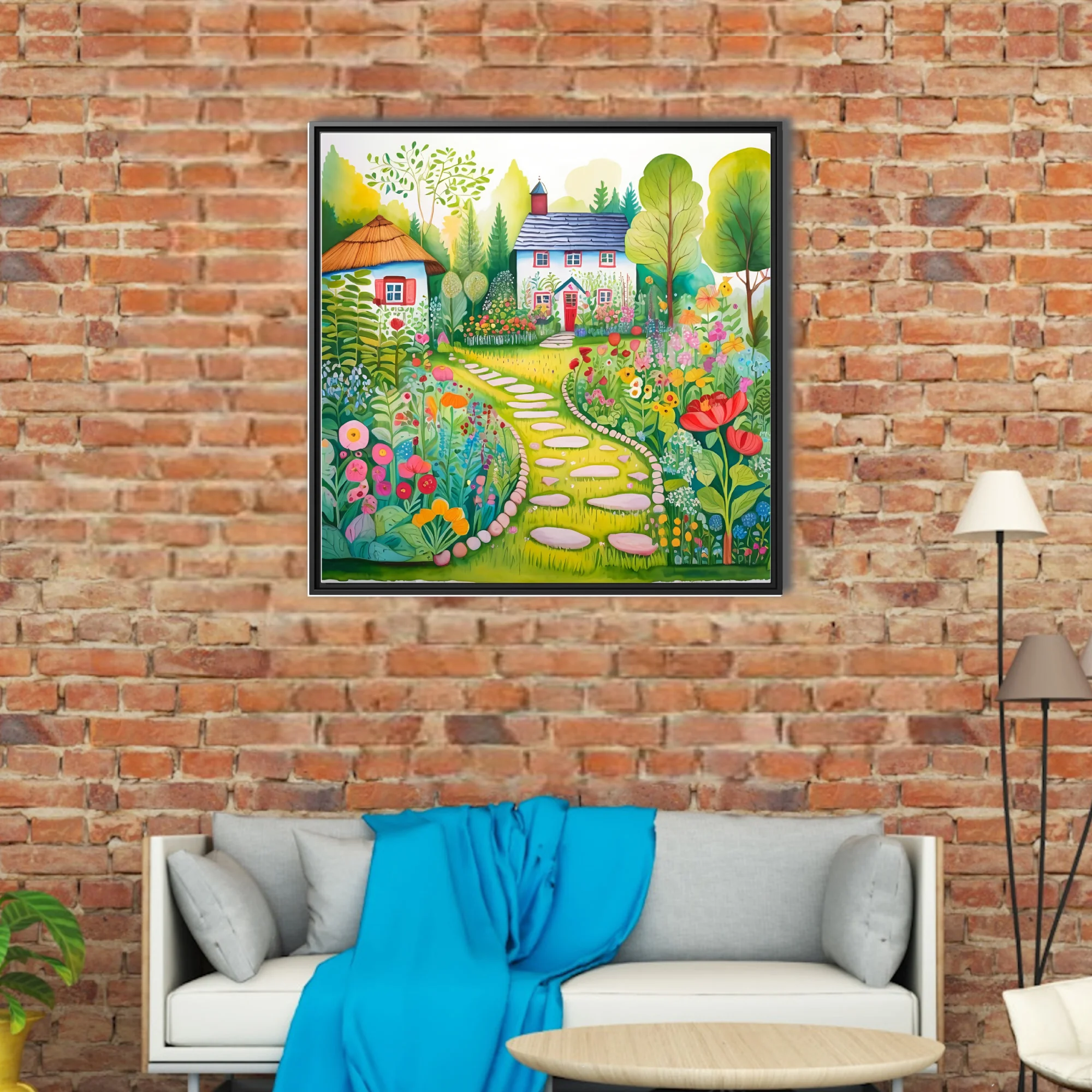 Folk-art garden illustration with cottage, stepping stones, and colorful blooms