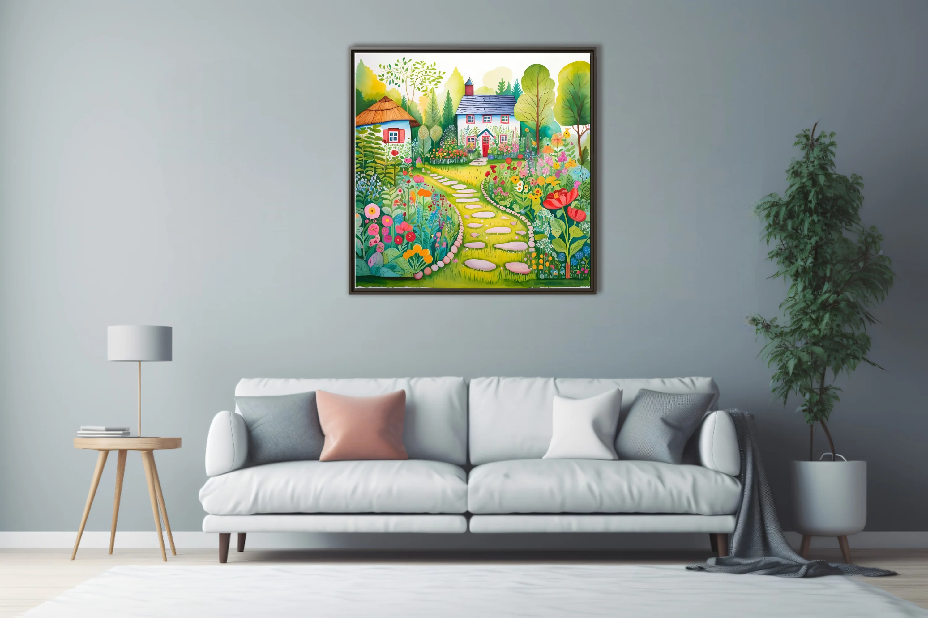 Folk-art garden illustration with cottage, stepping stones, and colorful blooms