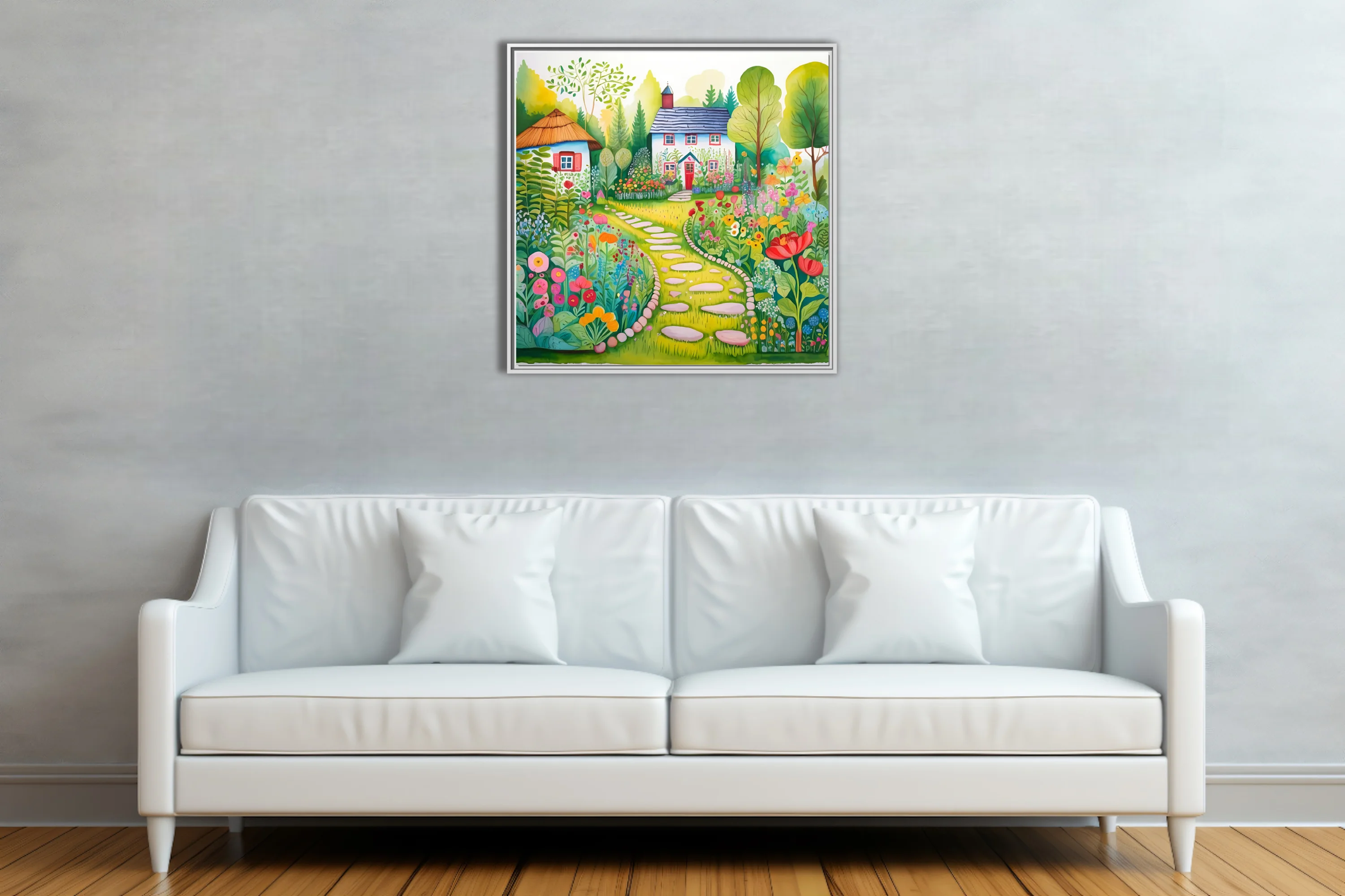 Folk-art garden illustration with cottage, stepping stones, and colorful blooms