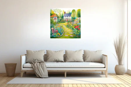 Folk-art garden illustration with cottage, stepping stones, and colorful blooms
