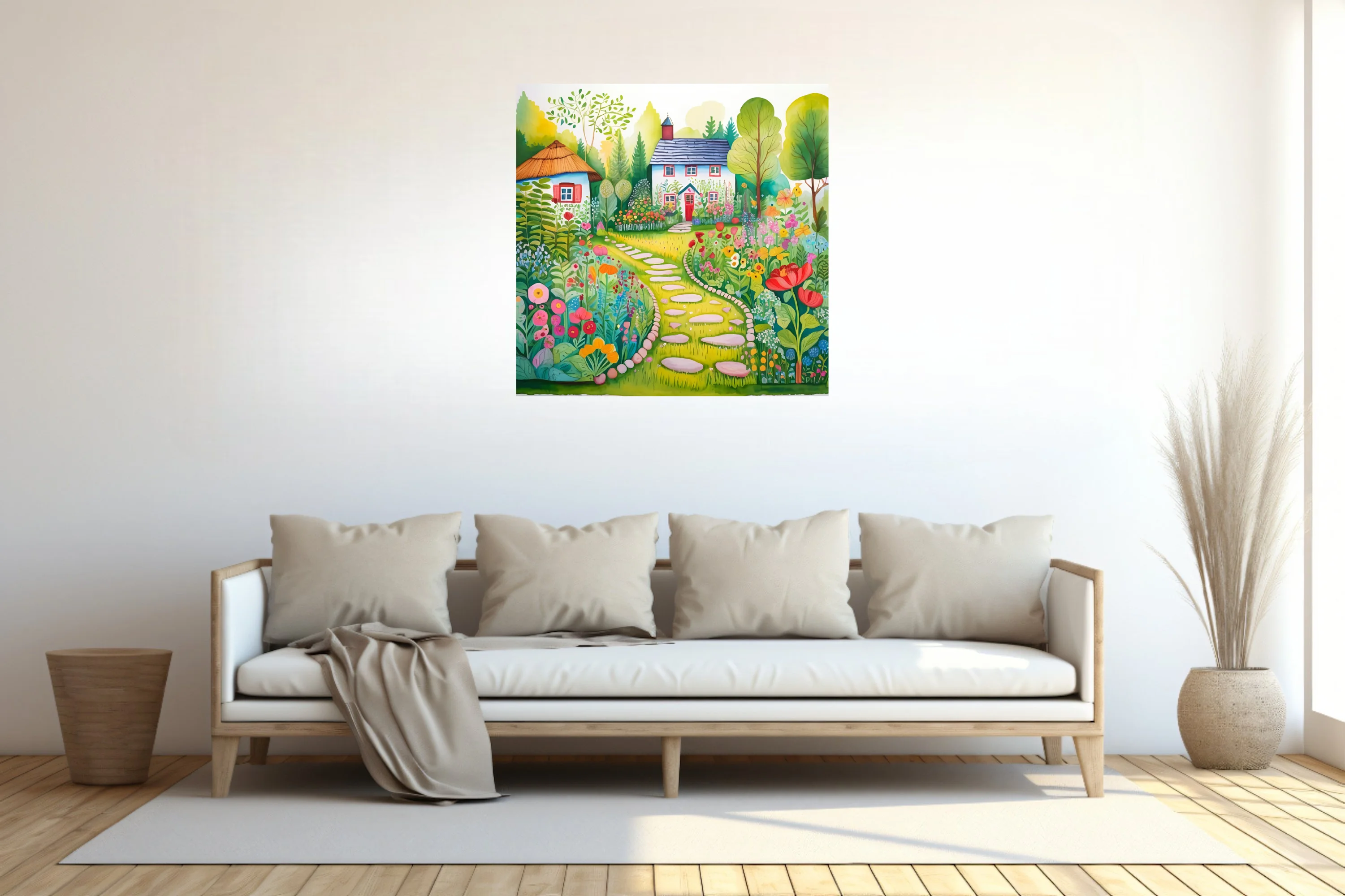 Folk-art garden illustration with cottage, stepping stones, and colorful blooms