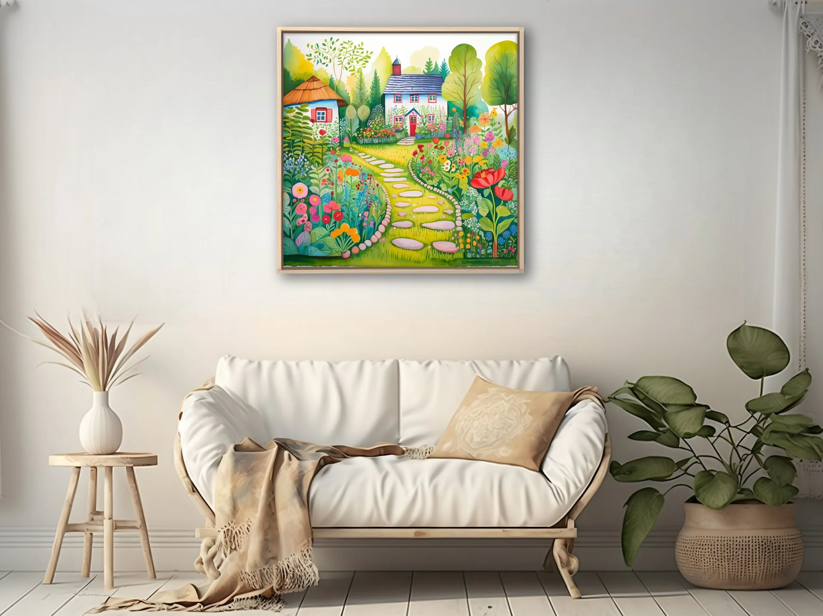 Folk-art garden illustration with cottage, stepping stones, and colorful blooms
