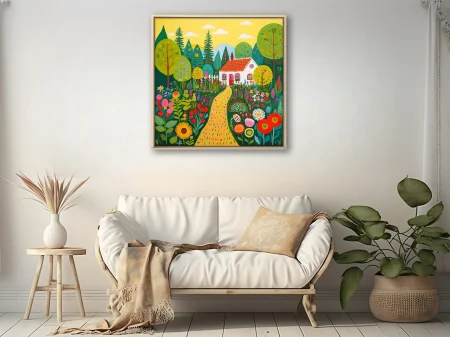 Folk-art-style cottage garden with winding path, colorful flowers, and trees