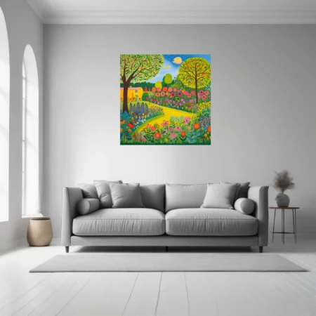 Folk-art garden landscape with patterned flowers, fruit trees, and yellow cottage