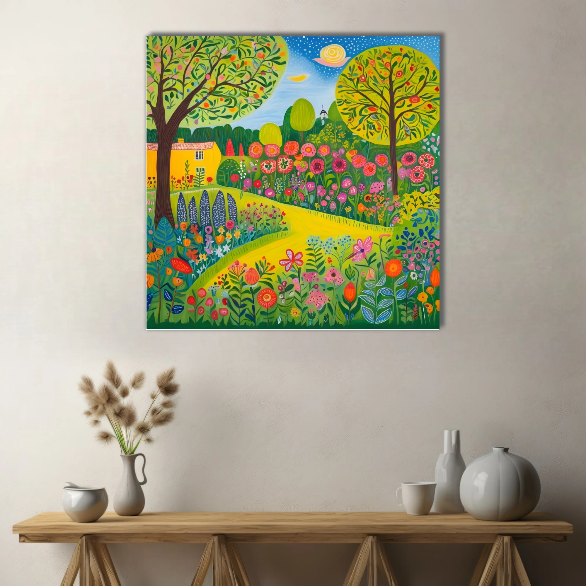 Folk-art garden landscape with patterned flowers, fruit trees, and yellow cottage
