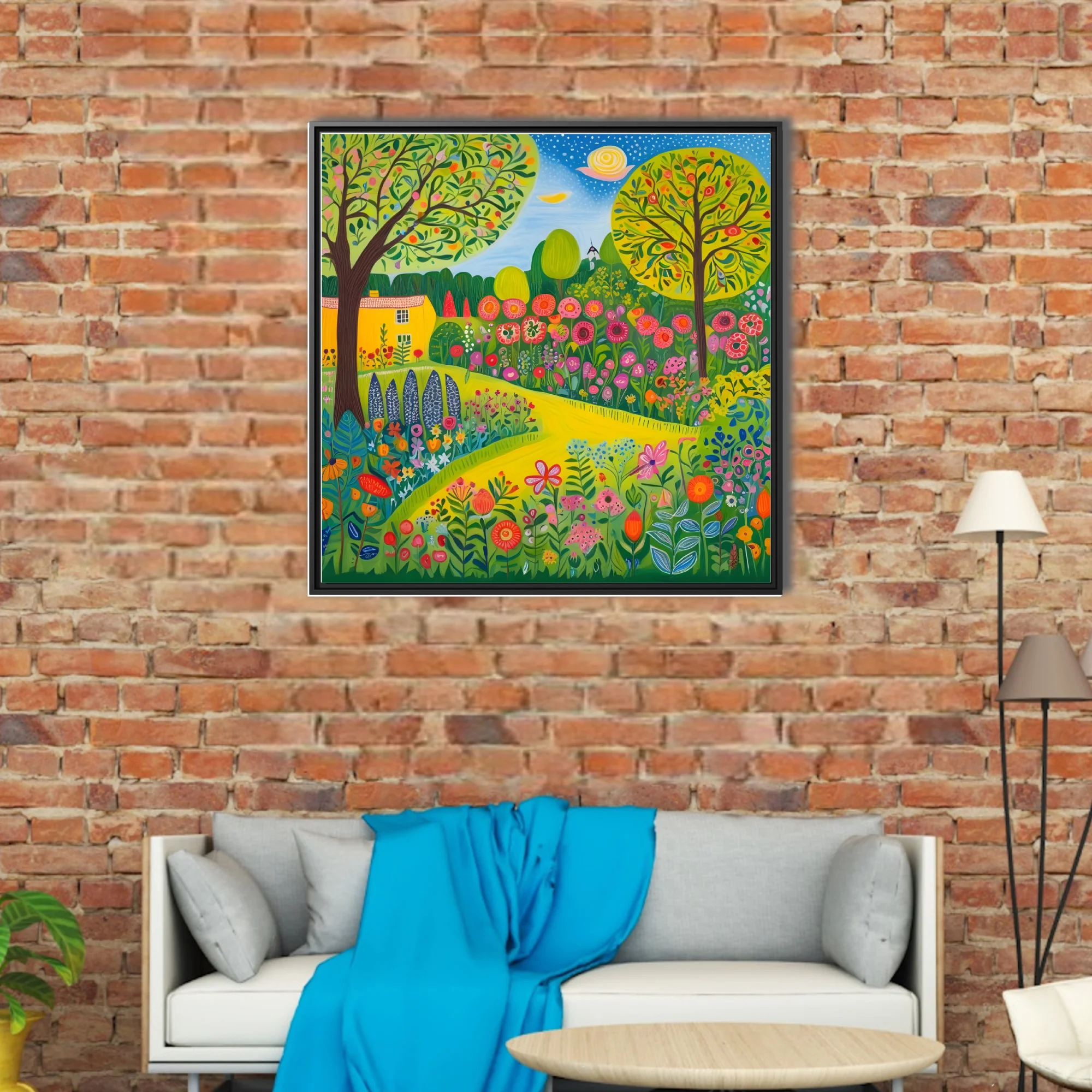 Folk-art garden landscape with patterned flowers, fruit trees, and yellow cottage