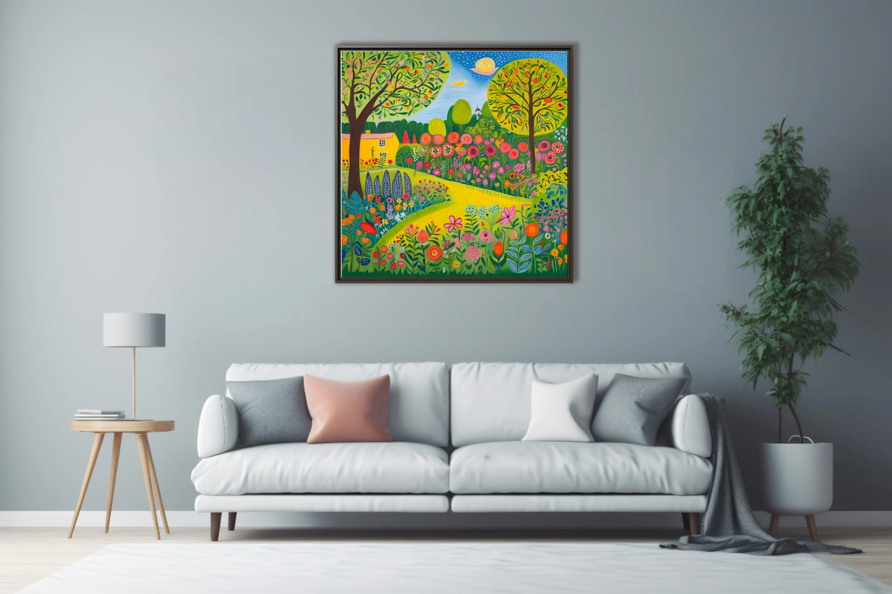 Folk-art garden landscape with patterned flowers, fruit trees, and yellow cottage
