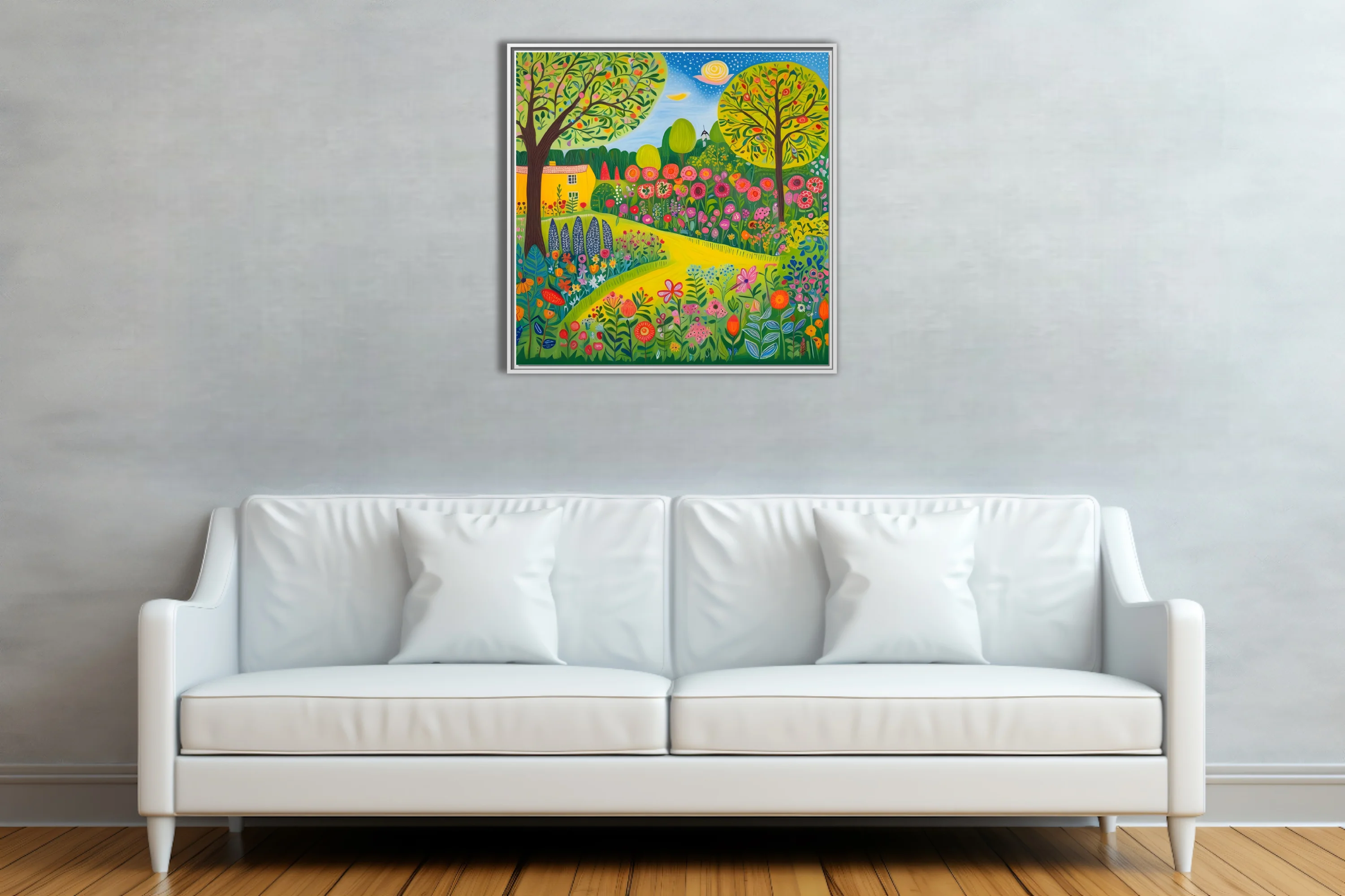 Folk-art garden landscape with patterned flowers, fruit trees, and yellow cottage