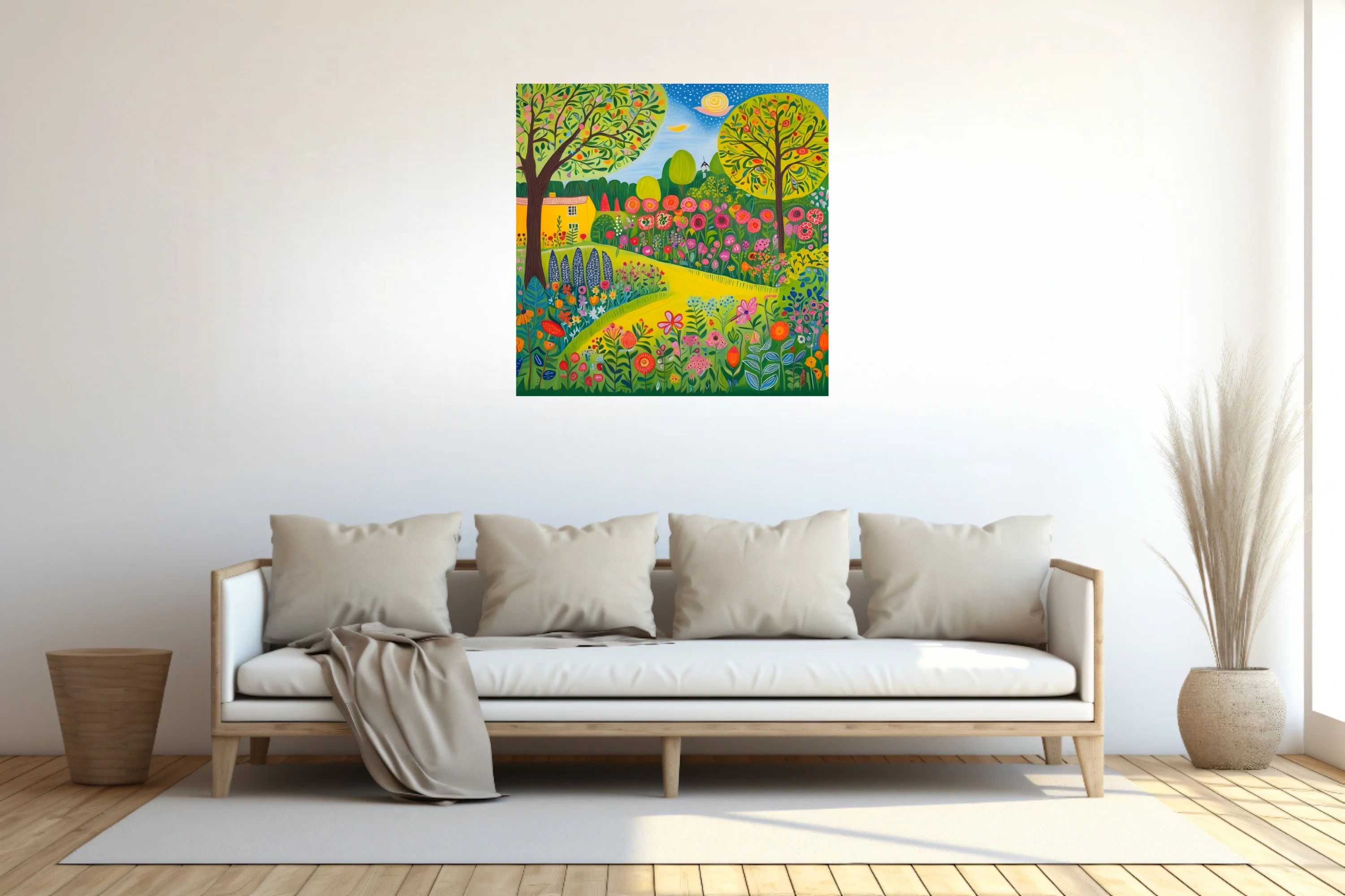 Folk-art garden landscape with patterned flowers, fruit trees, and yellow cottage