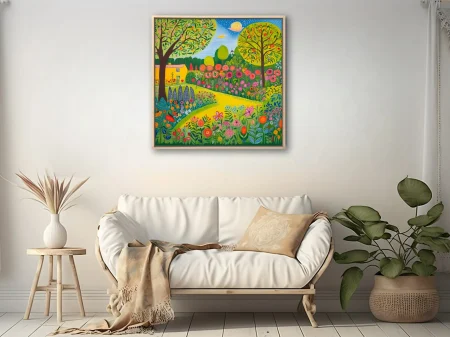 Folk-art garden landscape with patterned flowers, fruit trees, and yellow cottage