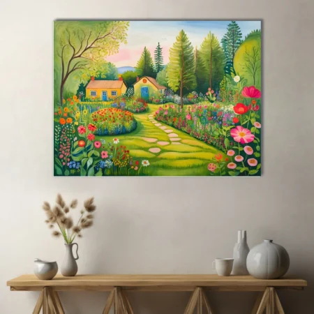 Folk-art garden illustration with cottages, wildflowers, and stepping-stone path in vivid colors