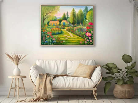 Folk-art garden illustration with cottages, wildflowers, and stepping-stone path in vivid colors