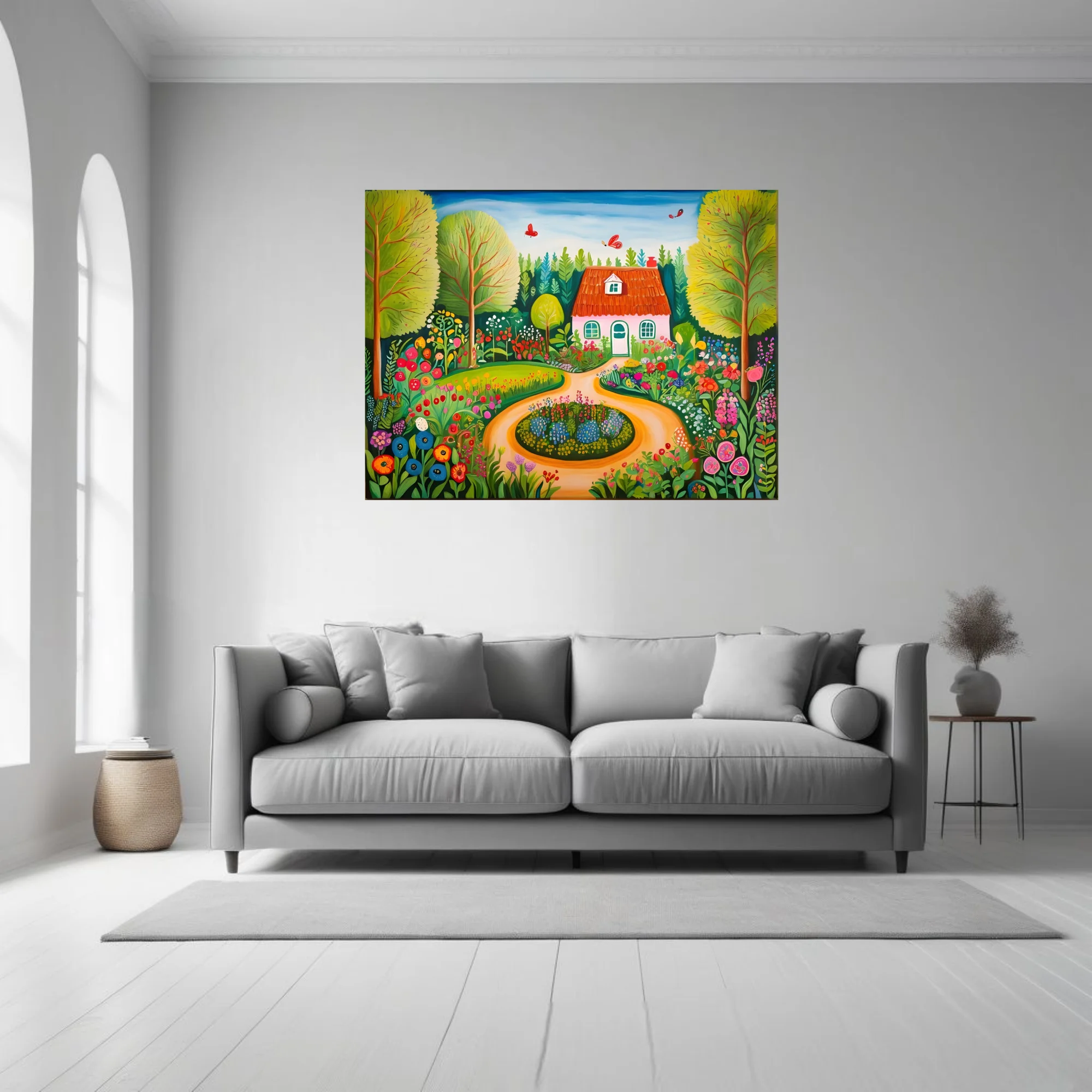 Folk-art style colorful garden cottage scene with flowers, trees, and butterflies
