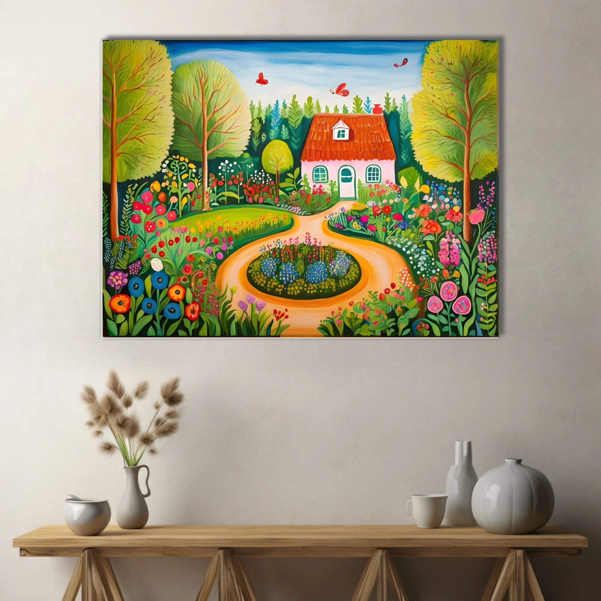 Folk-art style colorful garden cottage scene with flowers, trees, and butterflies