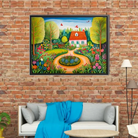 Folk-art style colorful garden cottage scene with flowers, trees, and butterflies