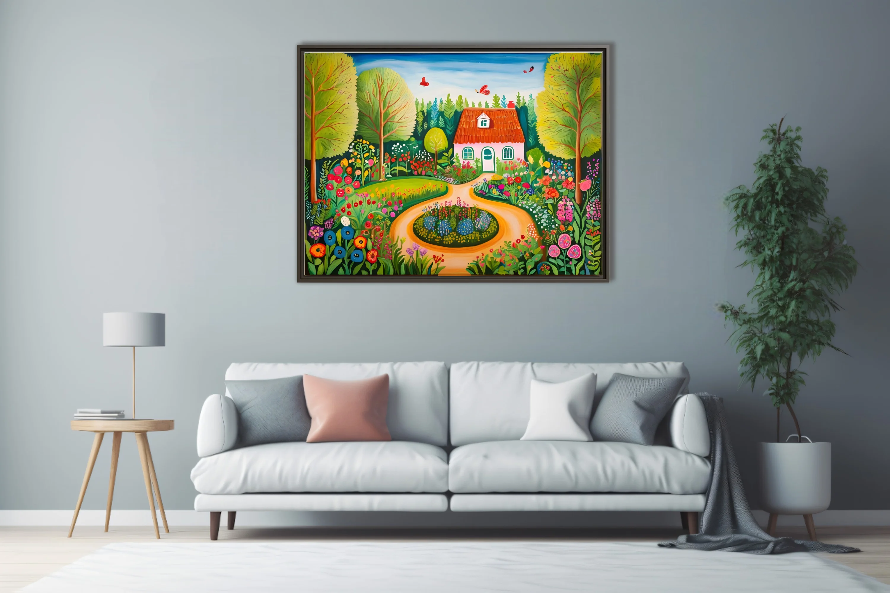 Folk-art style colorful garden cottage scene with flowers, trees, and butterflies